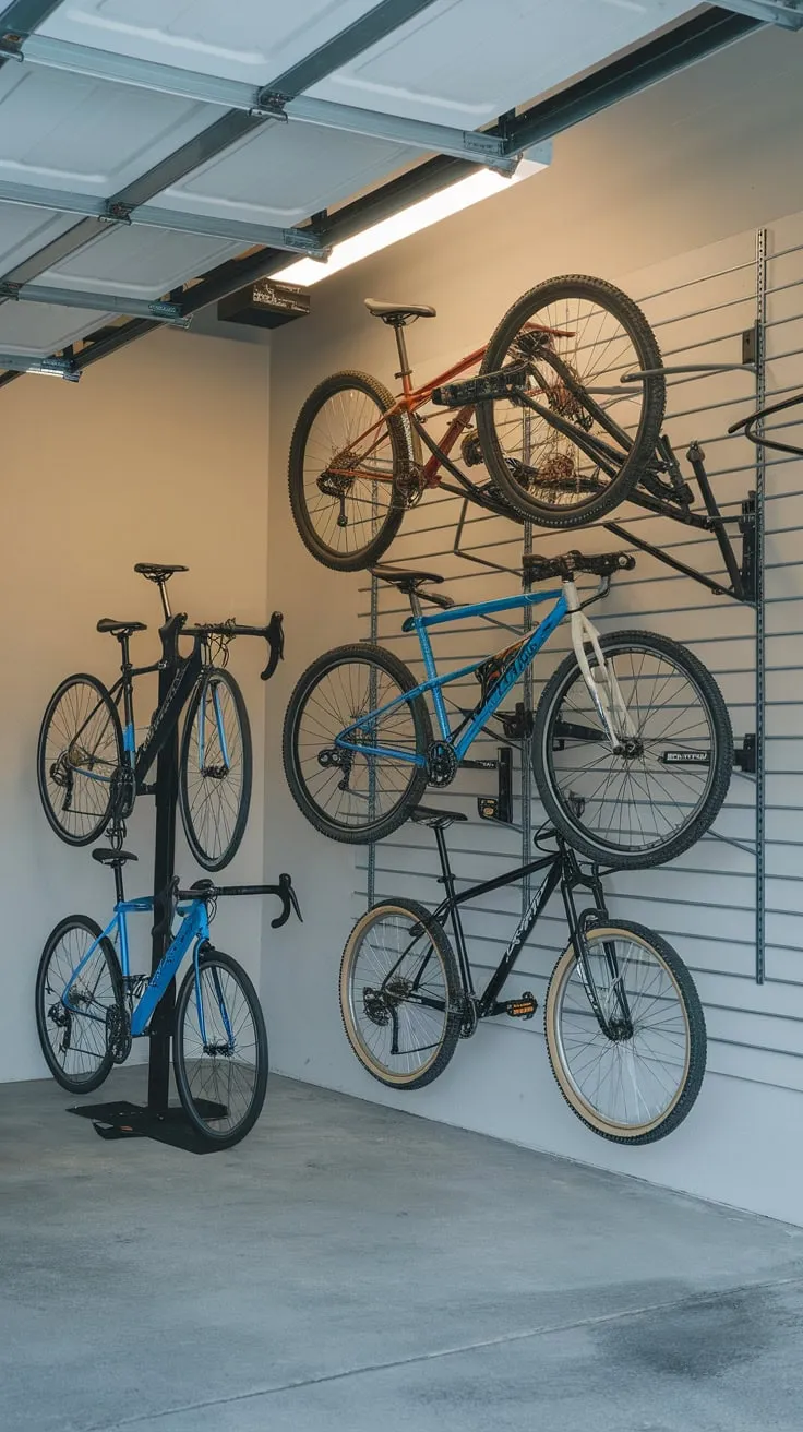 A bright garage cleverly maximizes limited space with a bike wall system showcasing various bicycles and a floor rack, ensuring efficient storage.