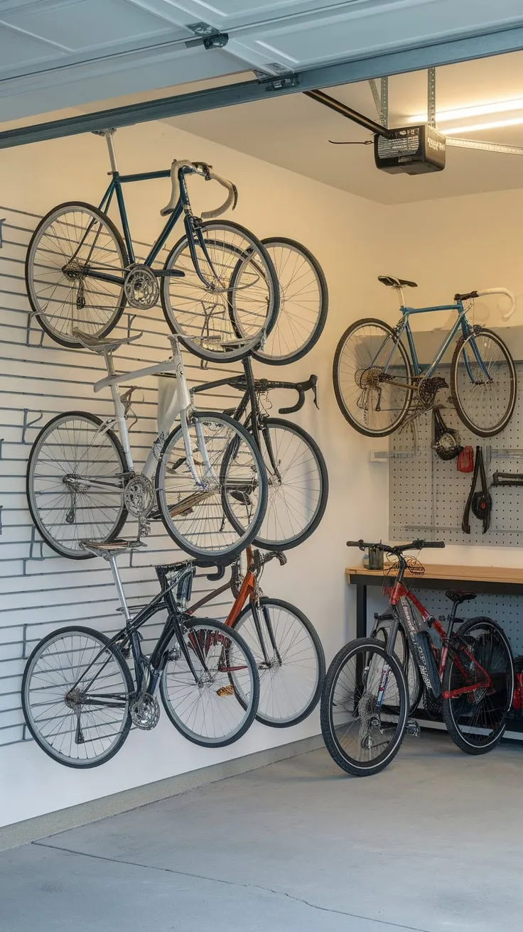 A bright, functional garage boasts clever bike storage solutions including a wall-mounted system and a corner rack, leaving ample room for a workbench.