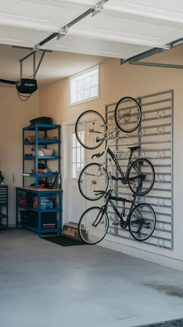 Maximize your garage space and keep your bikes organized with a wall-mounted rack system, leaving room for a workbench and other essentials