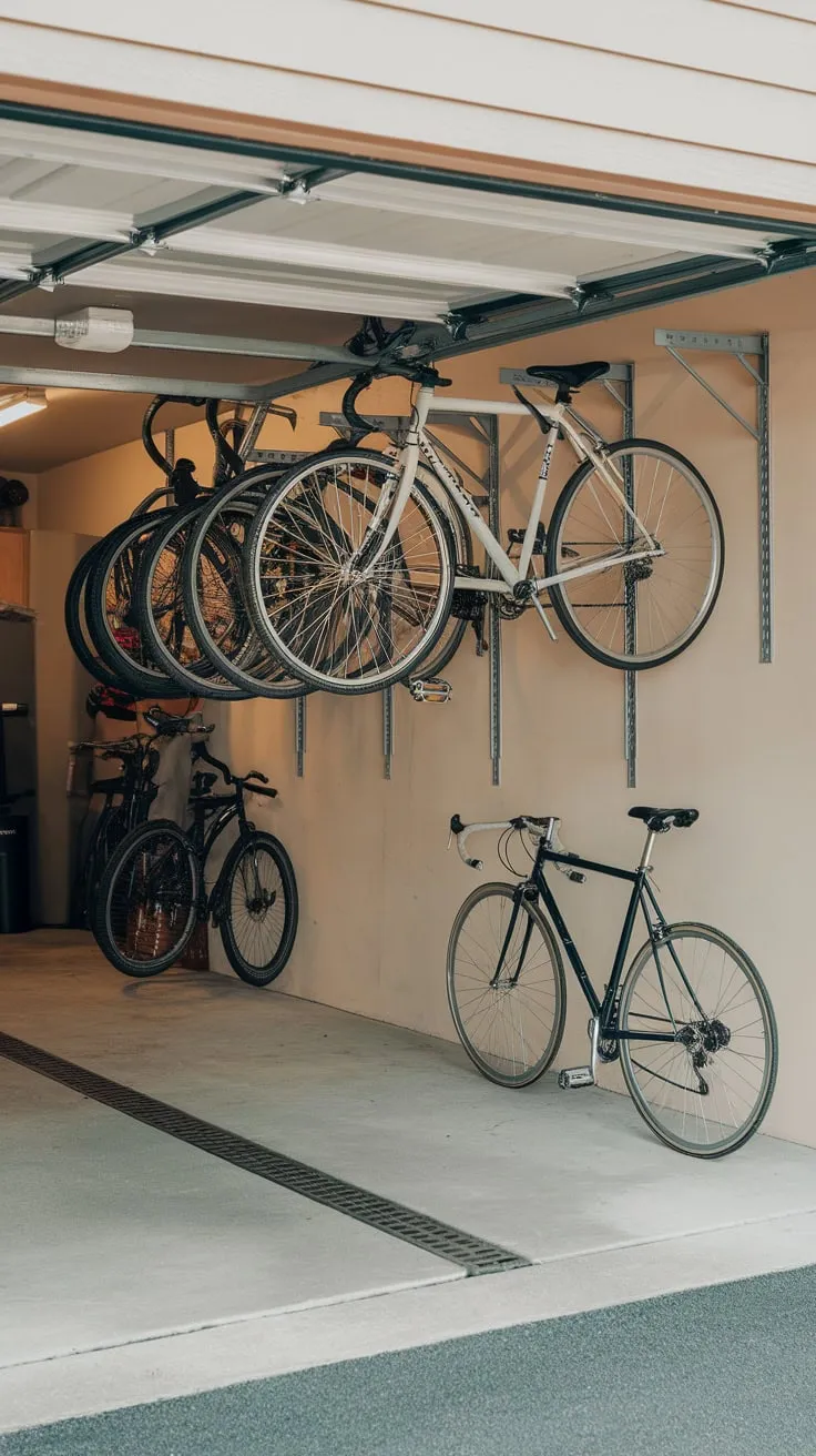 A concrete garage floor provides a sturdy base for a wall-mounted bike rack holding several bicycles, plus one conveniently leaning nearby.