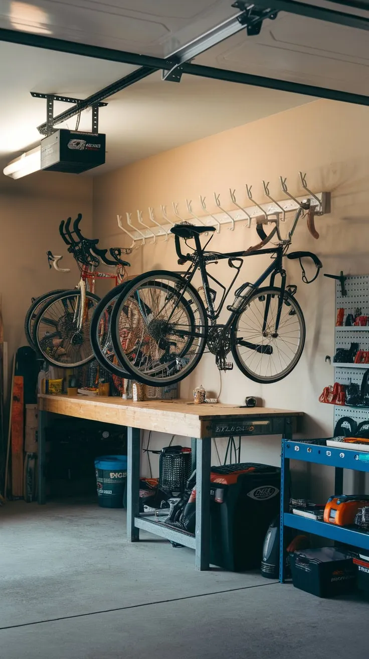 Neatly organized garage utilizes wall-mounted bike racks to keep bikes off the floor and create a functional workspace.