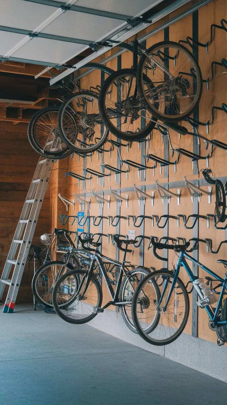 A well-organized garage maximizes space with bikes cleverly stored on a wood-paneled wall using a hanging system.
