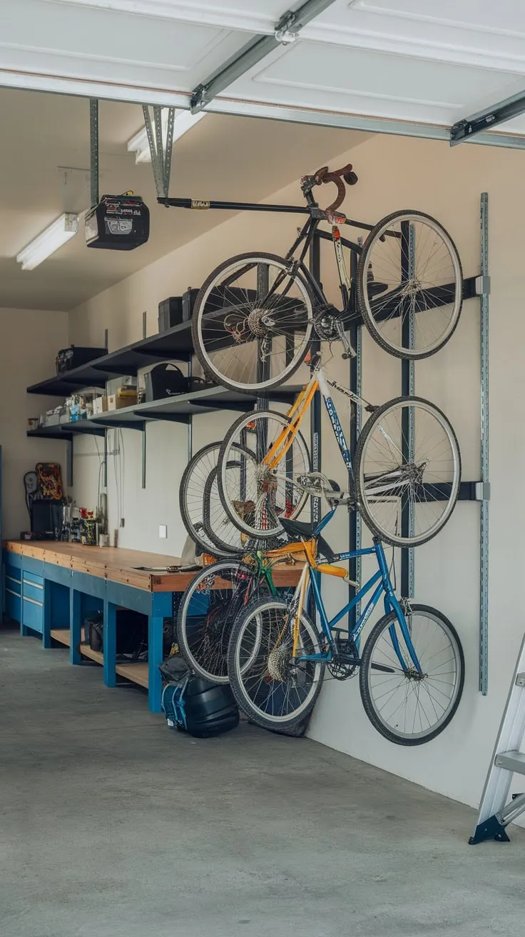 Reclaim your garage floor space and organize your bikes with a wall-mounted rack, leaving room for your workbench and other essentials.