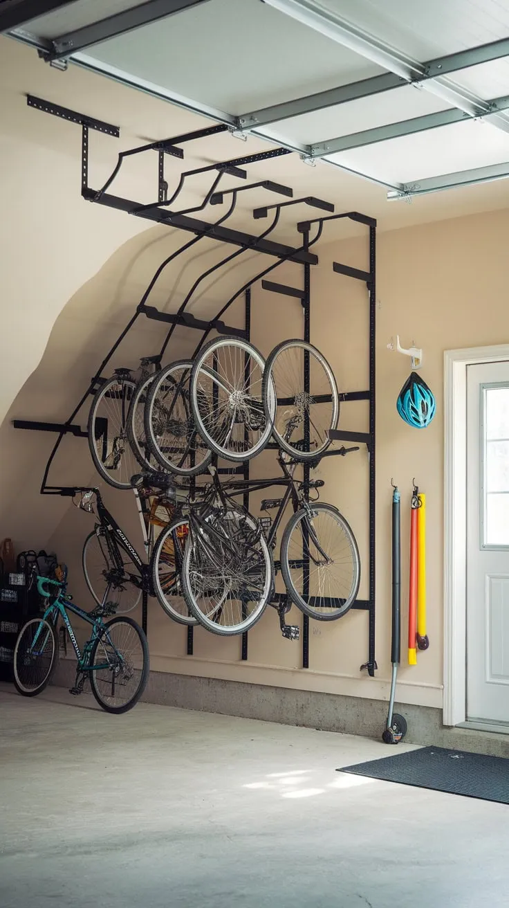 A custom wall-mounted bike rack elegantly utilizes sloped garage ceiling space for efficient horizontal bike storage.