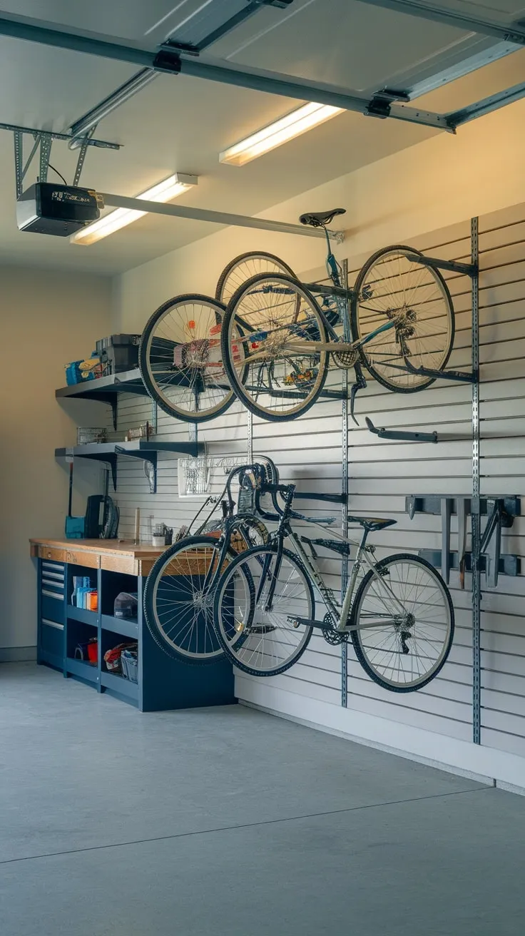 A bright garage boasts a well-organized bike wall rack, workbench, and shelves, maximizing space and showcasing efficient storage.