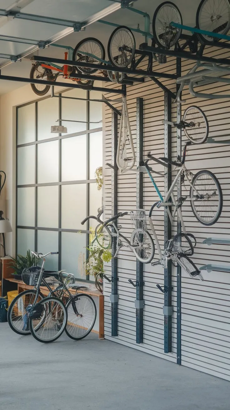 A wall of cleverly designed bike racks, from hooks to overhead systems, turns a cluttered garage into an organized cyclist's dream.