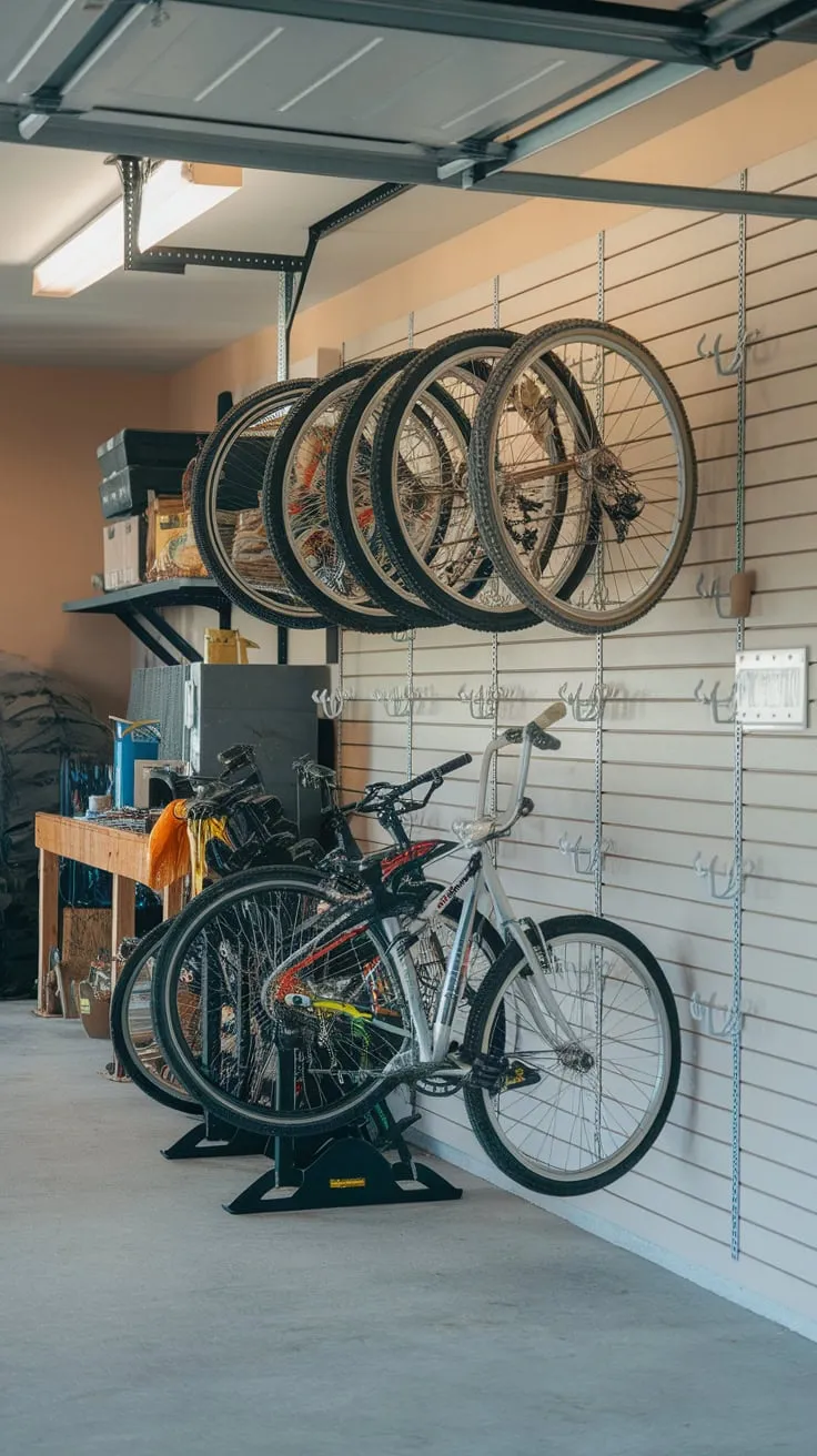 Brightly lit and efficient, this garage boasts a practical bike storage solution alongside a workbench and other essentials.