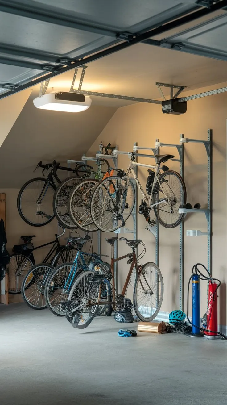 Clever vertical bike storage in a slanted-ceiling garage optimizes space, neatly organizing bikes and gear.