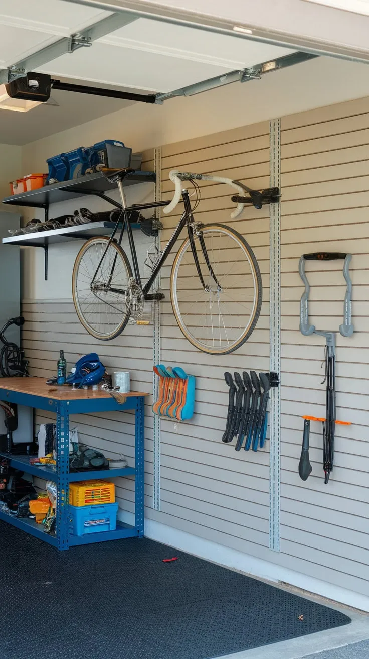 A well-organized garage features a secure bike wall storage solution alongside a workbench and tools, all on a protective rubber floor mat.