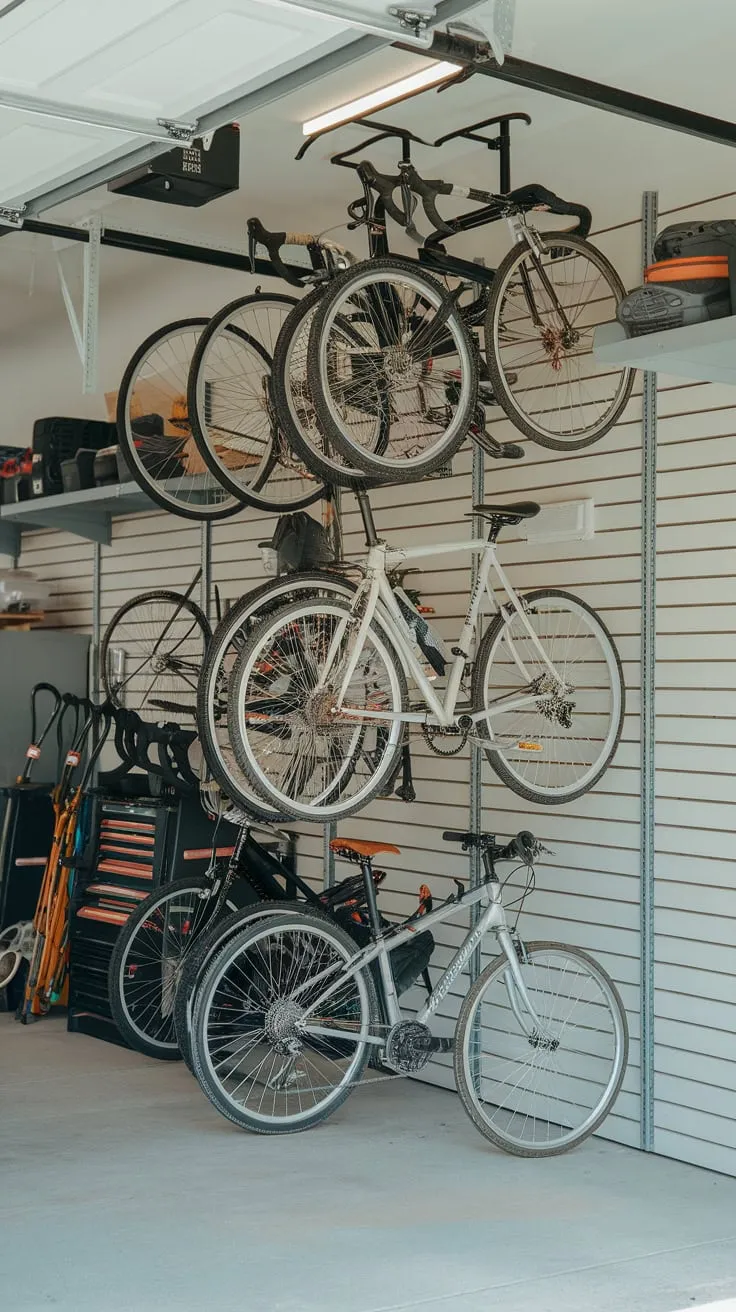 A well-organized garage efficiently stores bikes vertically and horizontally, maximizing space for tools and other equipment.