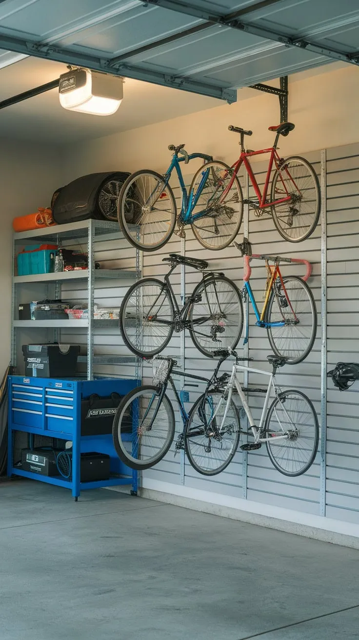 A well-lit garage showcases bikes neatly organized on wall mounts, freeing floor space for other essentials.