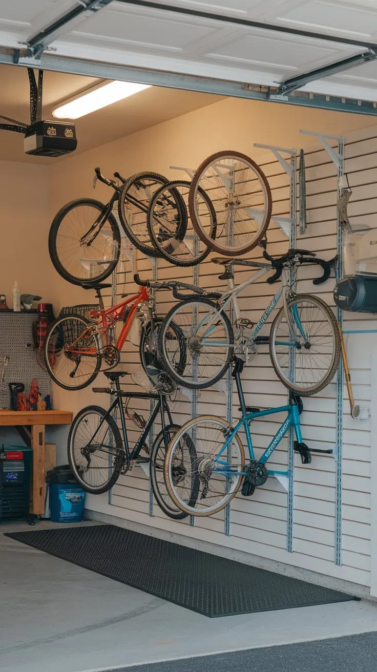 A well-organized garage utilizes a wall-mounted bike rack to efficiently store various bicycles, leaving the floor clear and the workspace functional.