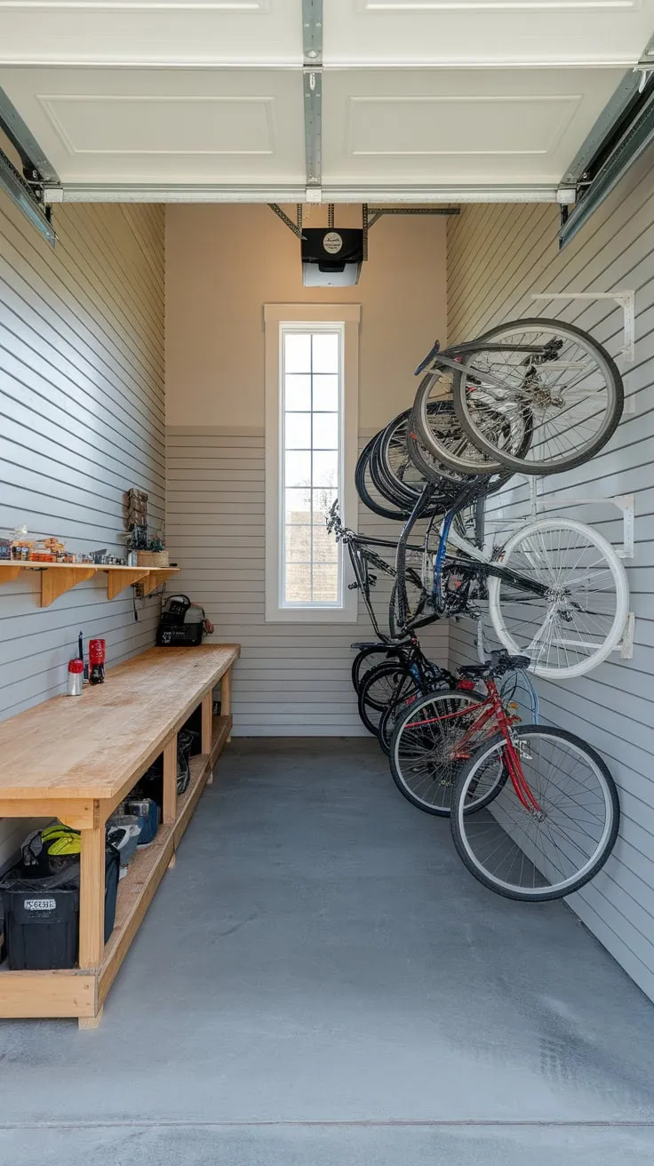 A high-ceiling small garage cleverly uses wall-mounted bike storage to create a functional workspace despite limited floor area.