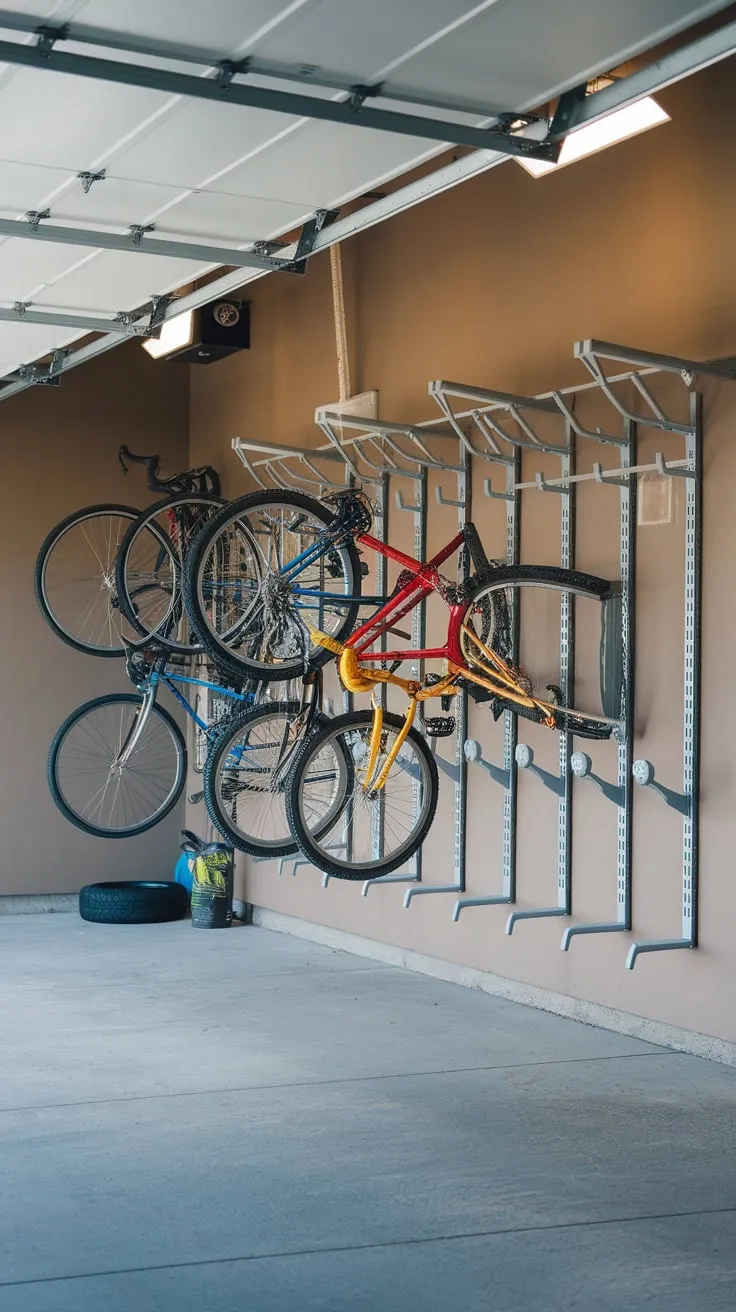 A beige-walled garage efficiently utilizes vertical space with a multi-bike wall rack, keeping cycles organized and off the floor.