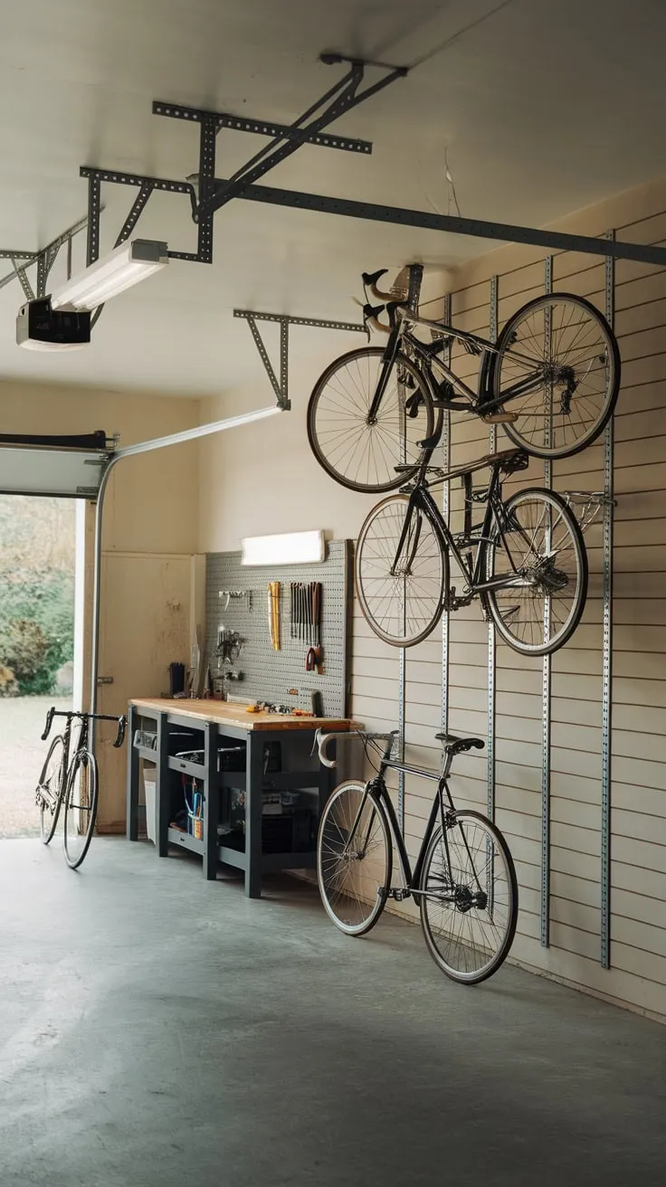Maximize your garage's potential by neatly storing bikes on the wall, freeing up valuable floor space.