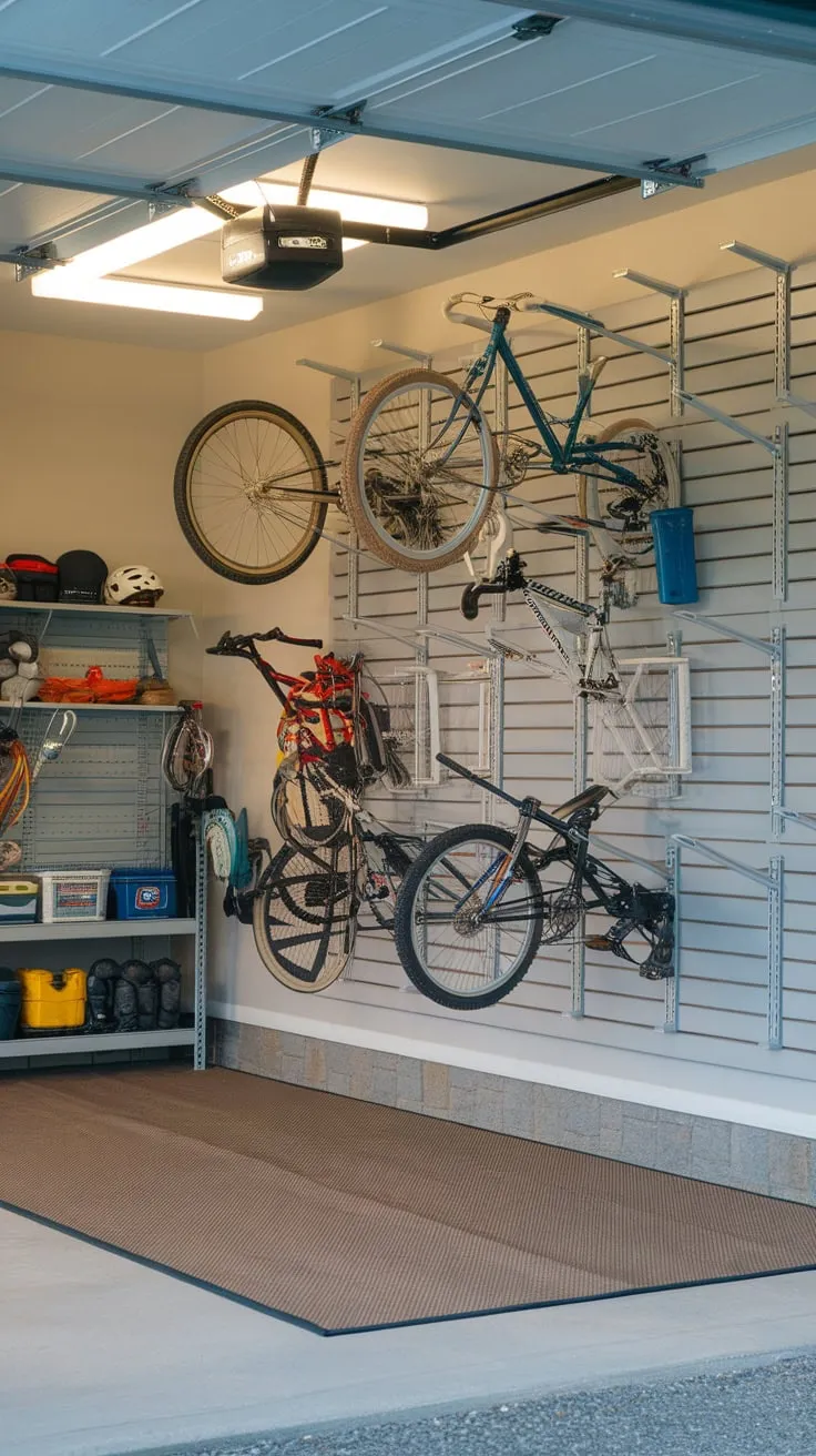 A well-organized garage showcases a bike wall storage system maximizing space and showcasing a tidy workspace.