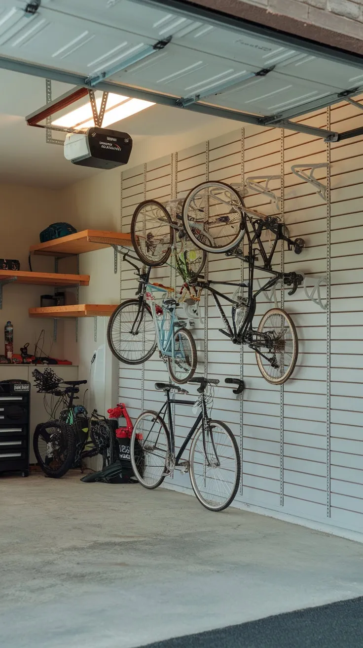 Brightly lit garage showcasing a wall-mounted bike storage system, efficiently maximizing space despite some floor clutter.