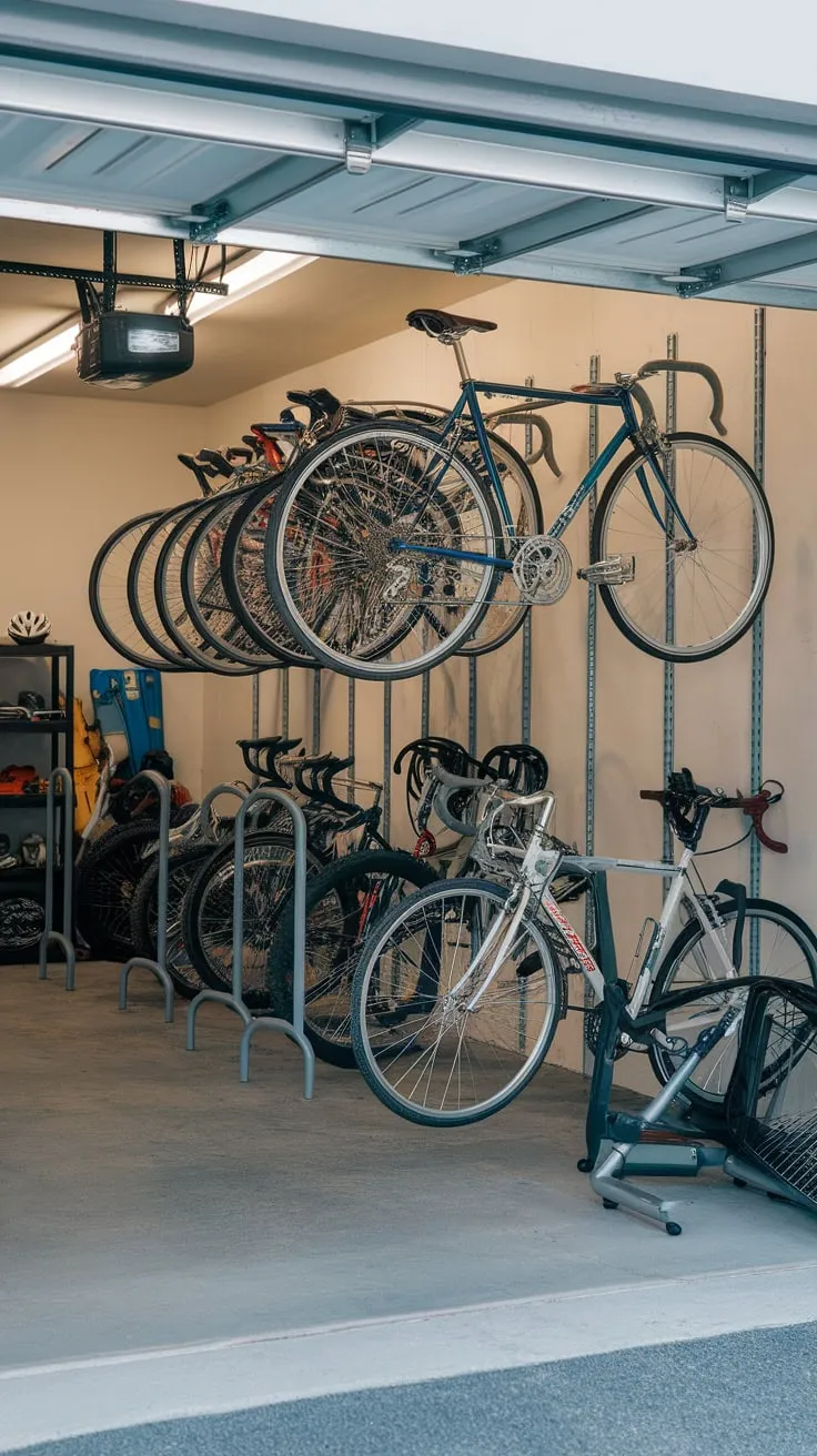 Maximize your garage space with efficient wall and floor bike racks for a bright, organized cycling haven