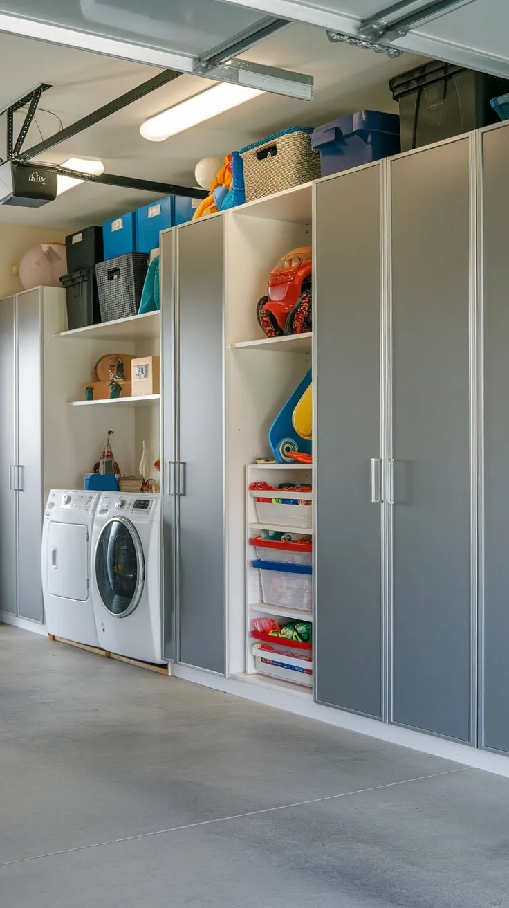 Maximize your garage's potential with custom cabinets, abundant storage, and a dedicated play area all on a concrete floor.