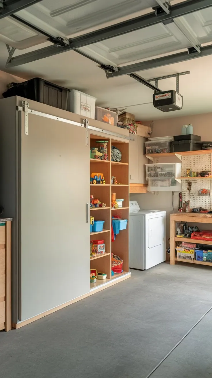 Maximize your garage's space with custom cabinets providing ample storage for toys, tools, and laundry essentials