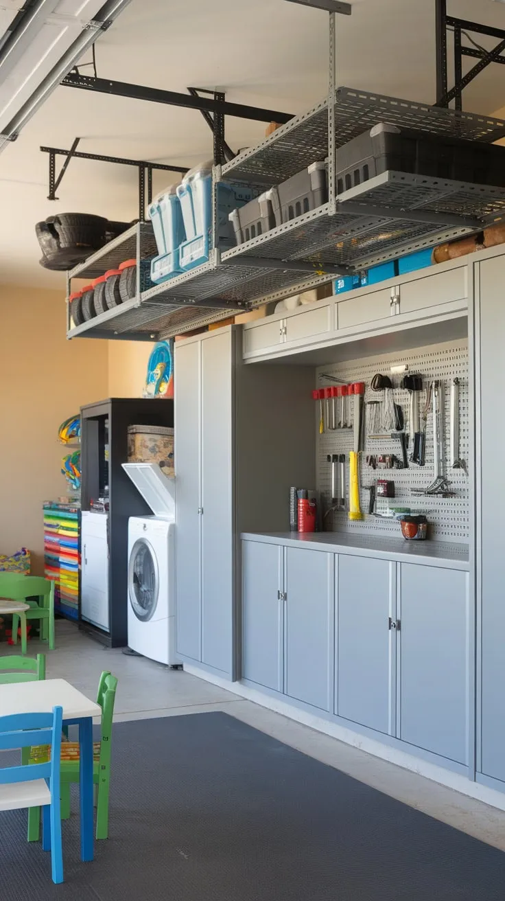 Maximize your garage space with integrated sliding cabinets, overhead racks, and dedicated zones for tools, laundry, and even a play area.