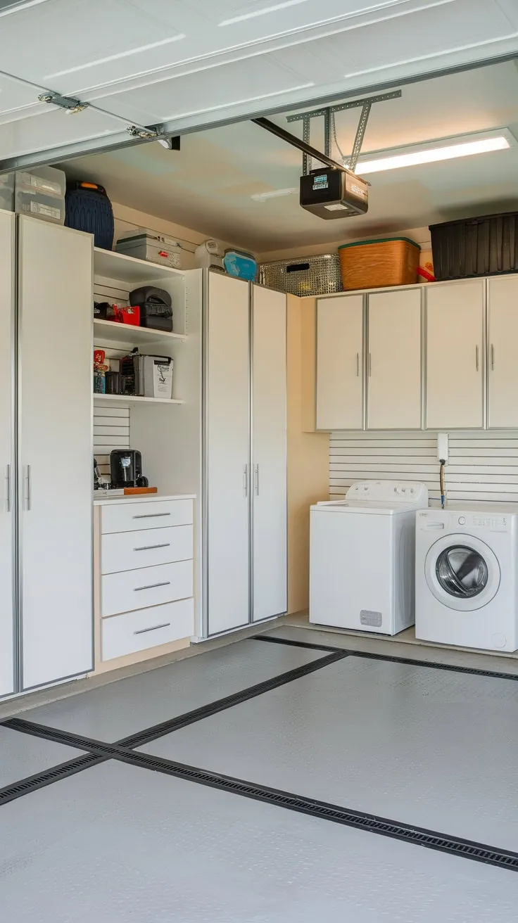 Transform your cluttered garage into an organized haven using a variety of storage solutions including sliding cabinets, a spacious corner unit, and closed cabinets, all complemented by a decorative floor.