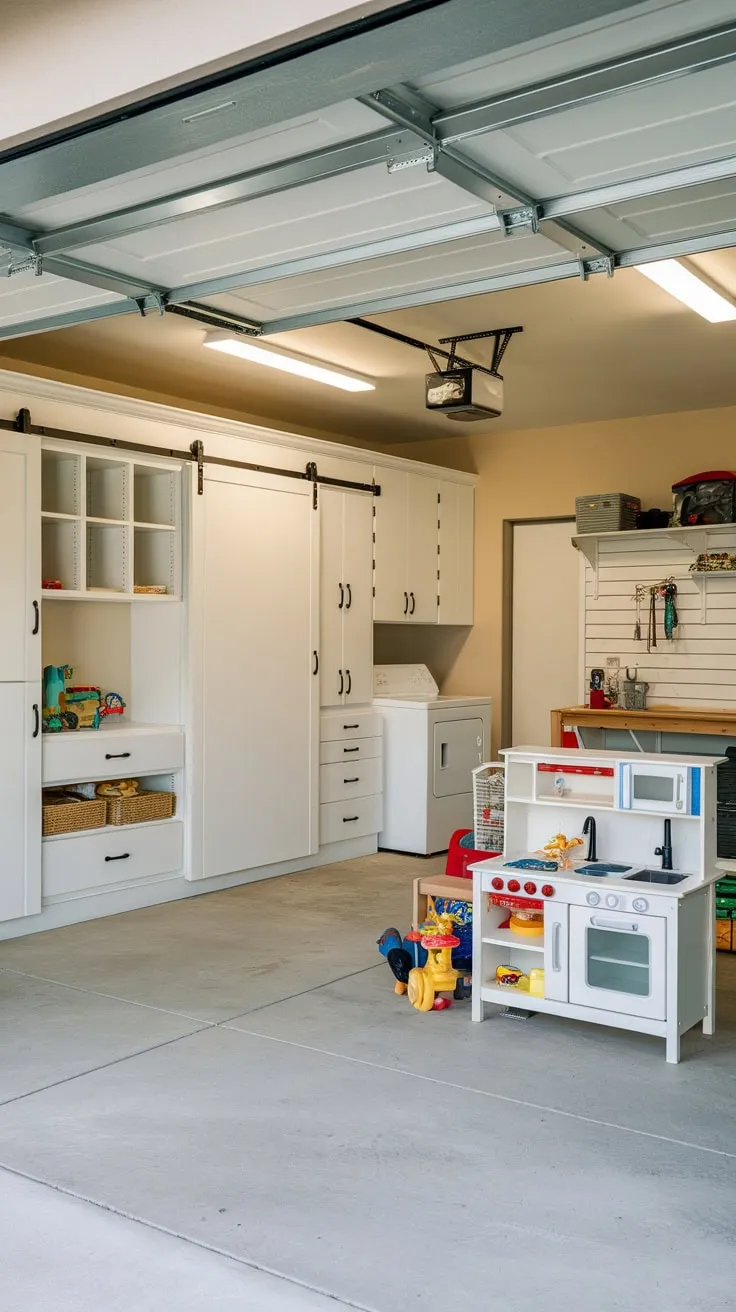 A well-lit garage cleverly combines a playroom, laundry, workbench, and ample storage with stylish white garage cabinets.