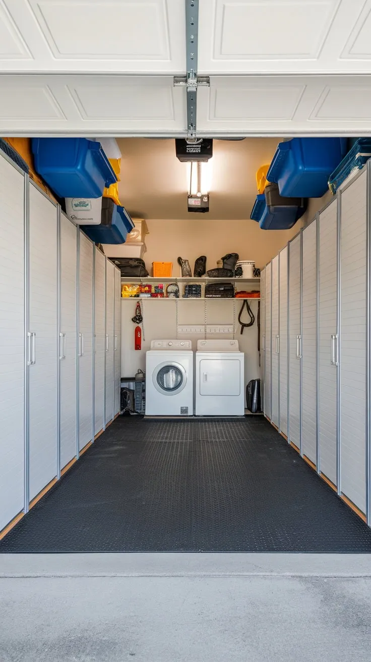 Maximize your garage's potential with a sleek closed storage system featuring sliding cabinets, overhead bins, and floor protection, neatly integrating laundry appliances.