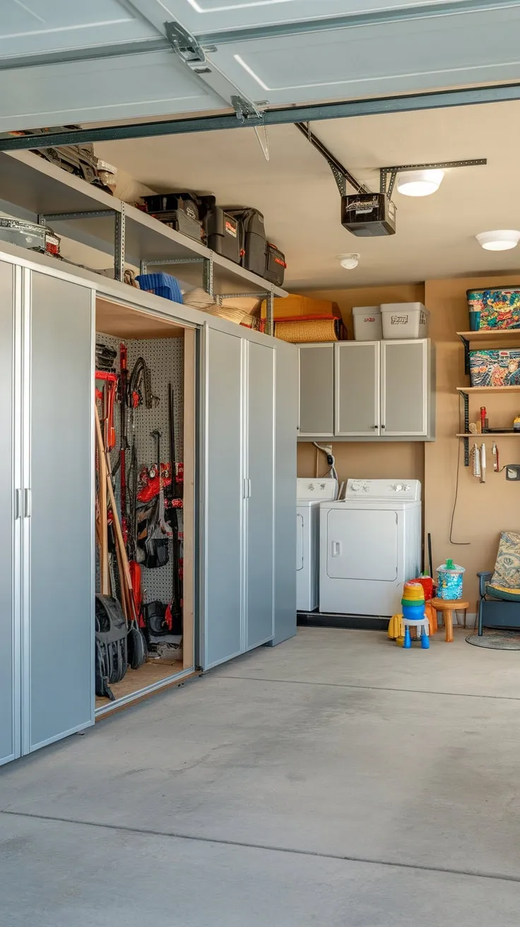 Maximize your garage space with sleek sliding door cabinets, overhead storage, and versatile organization for tools, appliances, and even a play area.