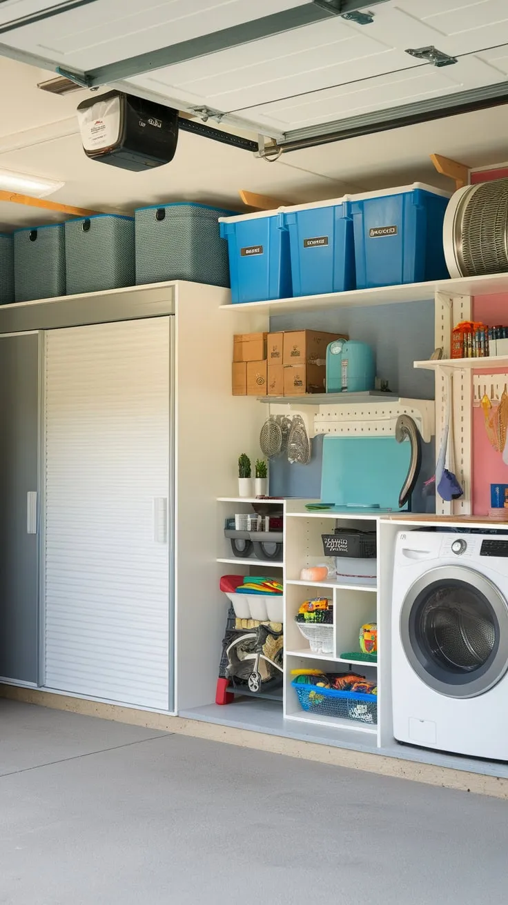 Maximize your garage's potential with versatile storage solutions including cabinets, oversized shelving, and even a dedicated playroom area