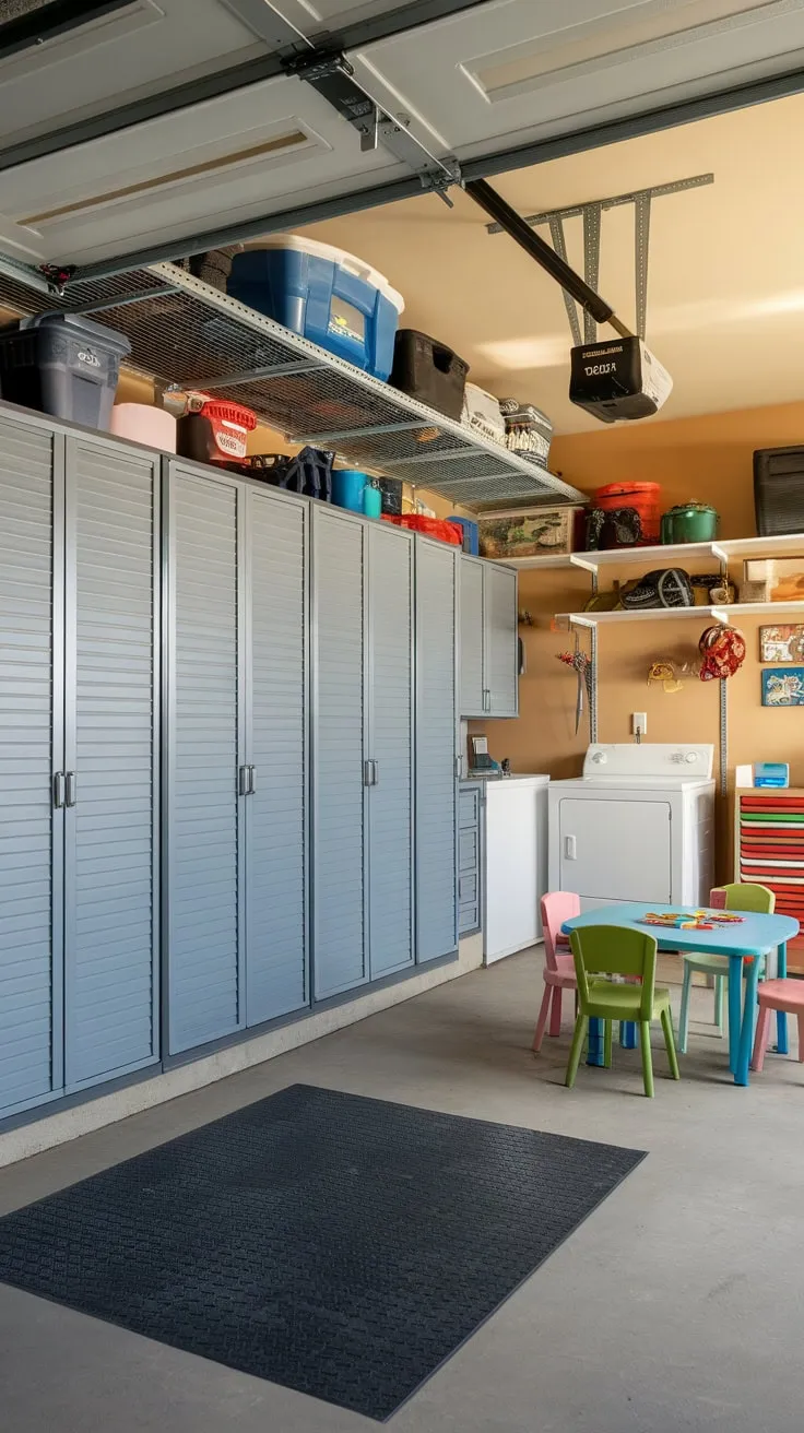 Transform your garage into a functional and organized space using clever storage solutions including stylish garage cabinets, overhead racks, and a play area.