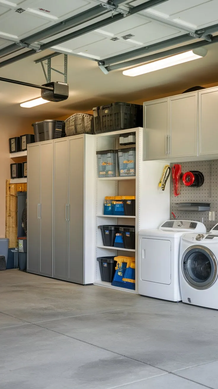 Maximize your garage space with versatile storage solutions including cabinets, a playroom, and laundry area, all bathed in bright light