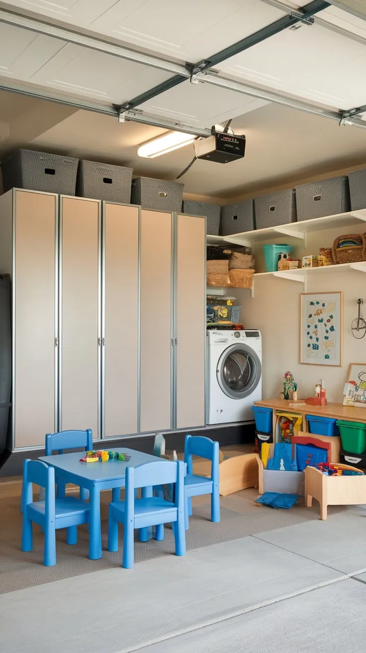 Maximize your garage's potential with smart storage solutions including cabinets, a dedicated play area, and laundry facilities.