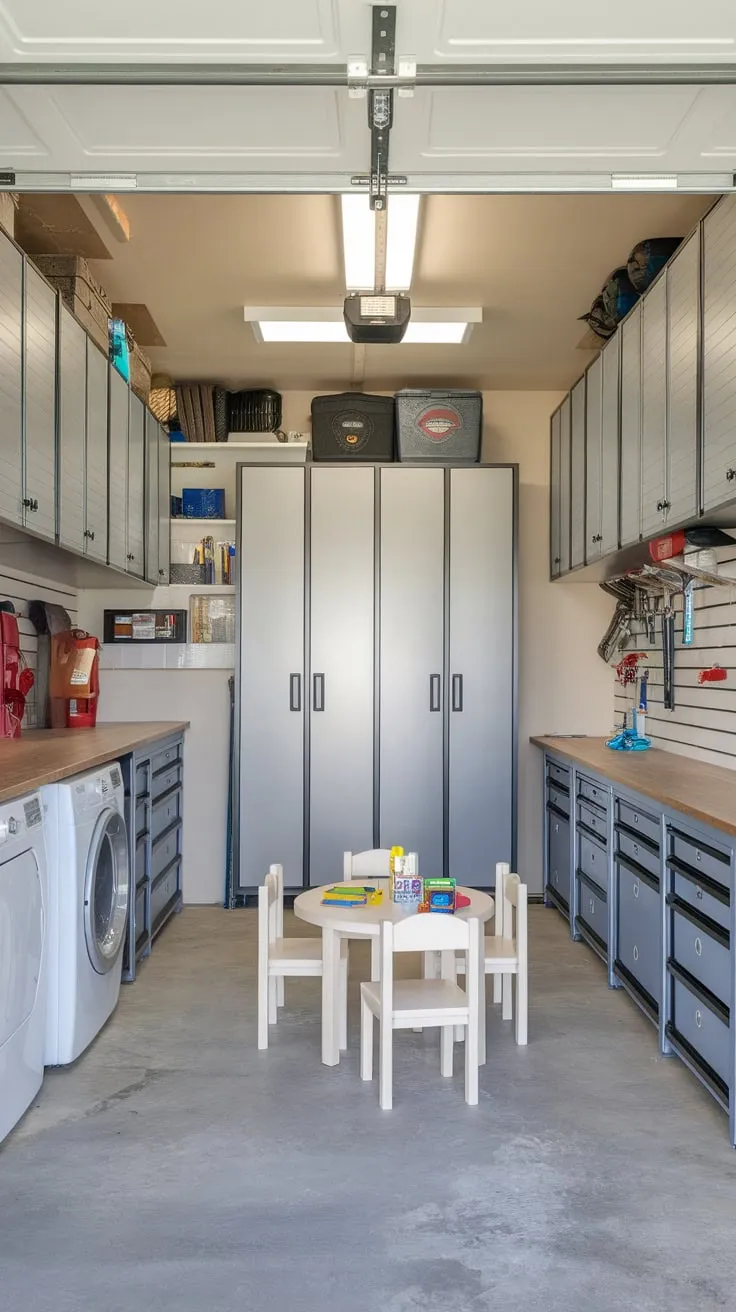 Transform your garage into a highly organized space with custom cabinets, ample storage, and a dedicated play area.