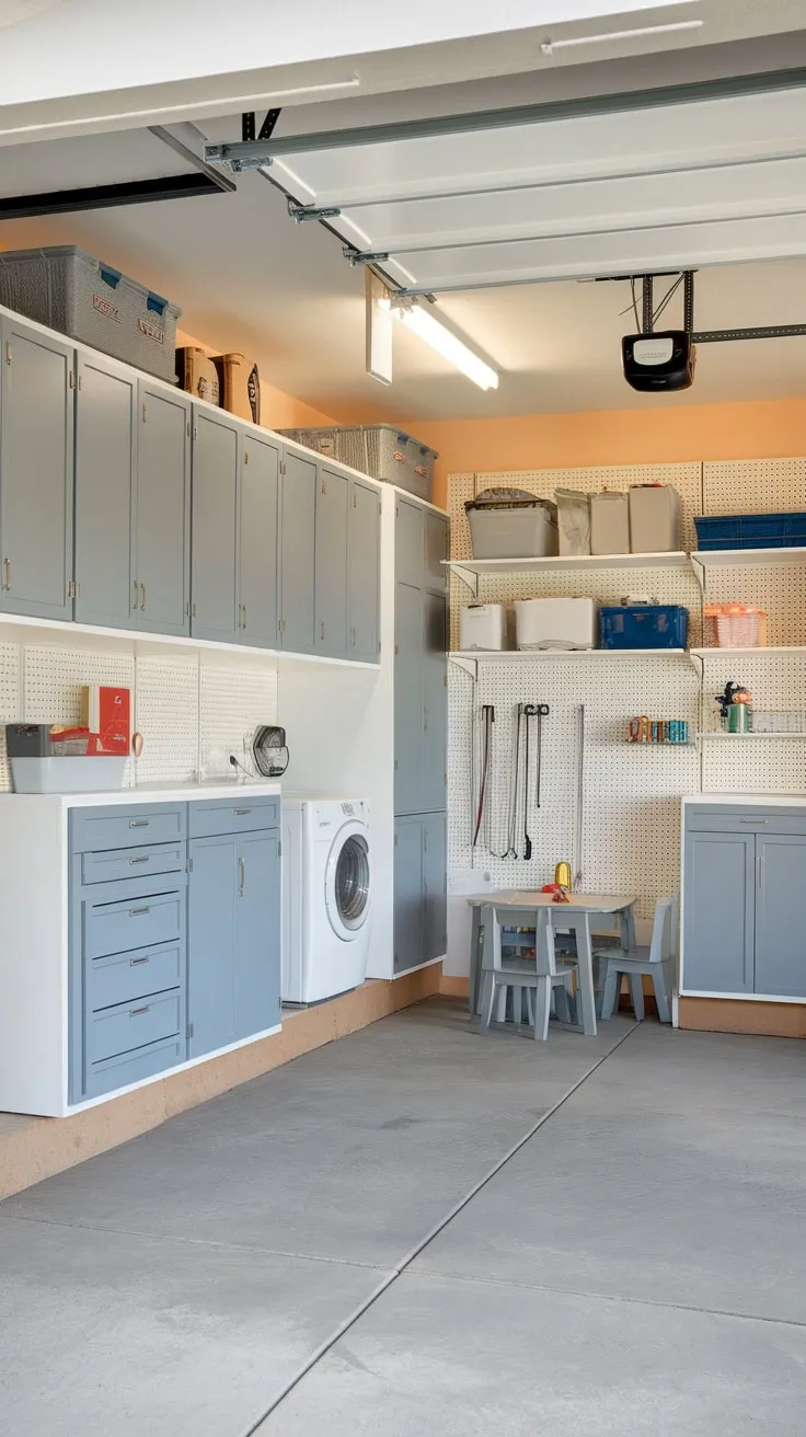 Transform your garage into a highly organized space using custom cabinets, integrated laundry, and clever wall storage.