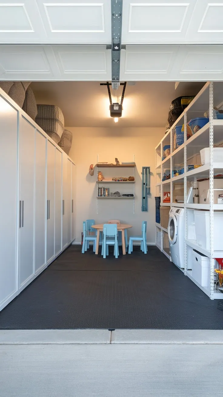 Maximize your garage space with custom cabinets, ample shelving, and a dedicated play area, all atop a practical rubber floor mat.