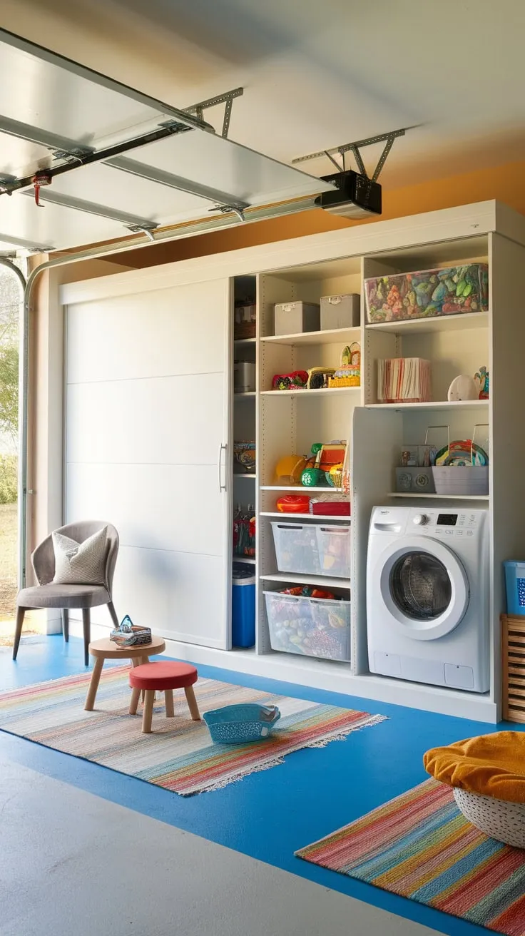 Transform your garage into a vibrant playroom and organized storage haven with a custom wall-to-wall cabinet system.