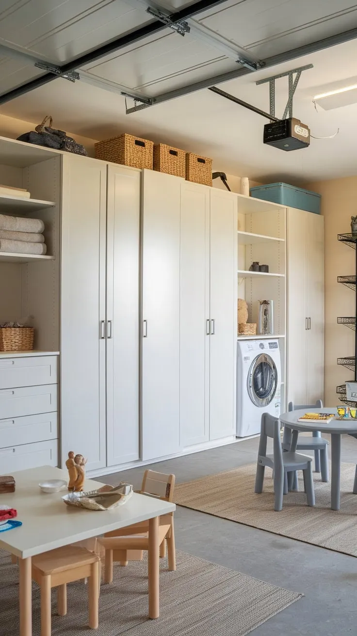 Sleek white garage cabinets with sliding doors maximize storage, creating a clean and functional space including a play area and laundry.