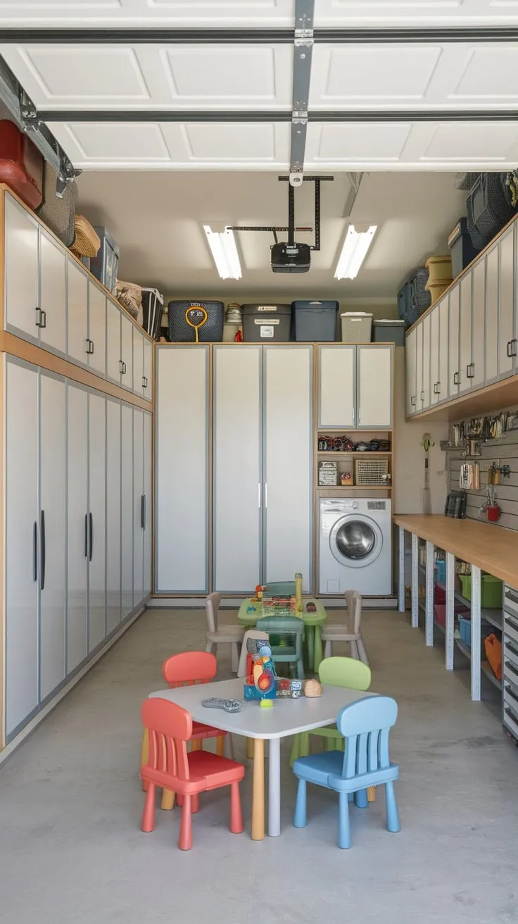 Transform your garage into a highly organized space with custom cabinets, a workbench, and even a play area.
