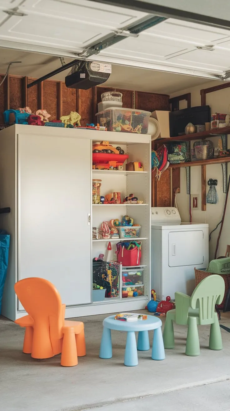 Organized garage playroom features white sliding-door toy cabinets alongside laundry and seating.