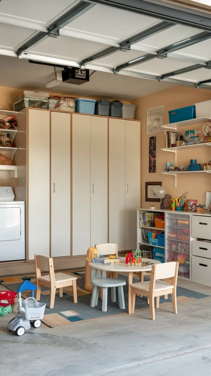 Oversized garage cabinets maximize storage, creating a functional and organized space that seamlessly blends a playroom and laundry area.