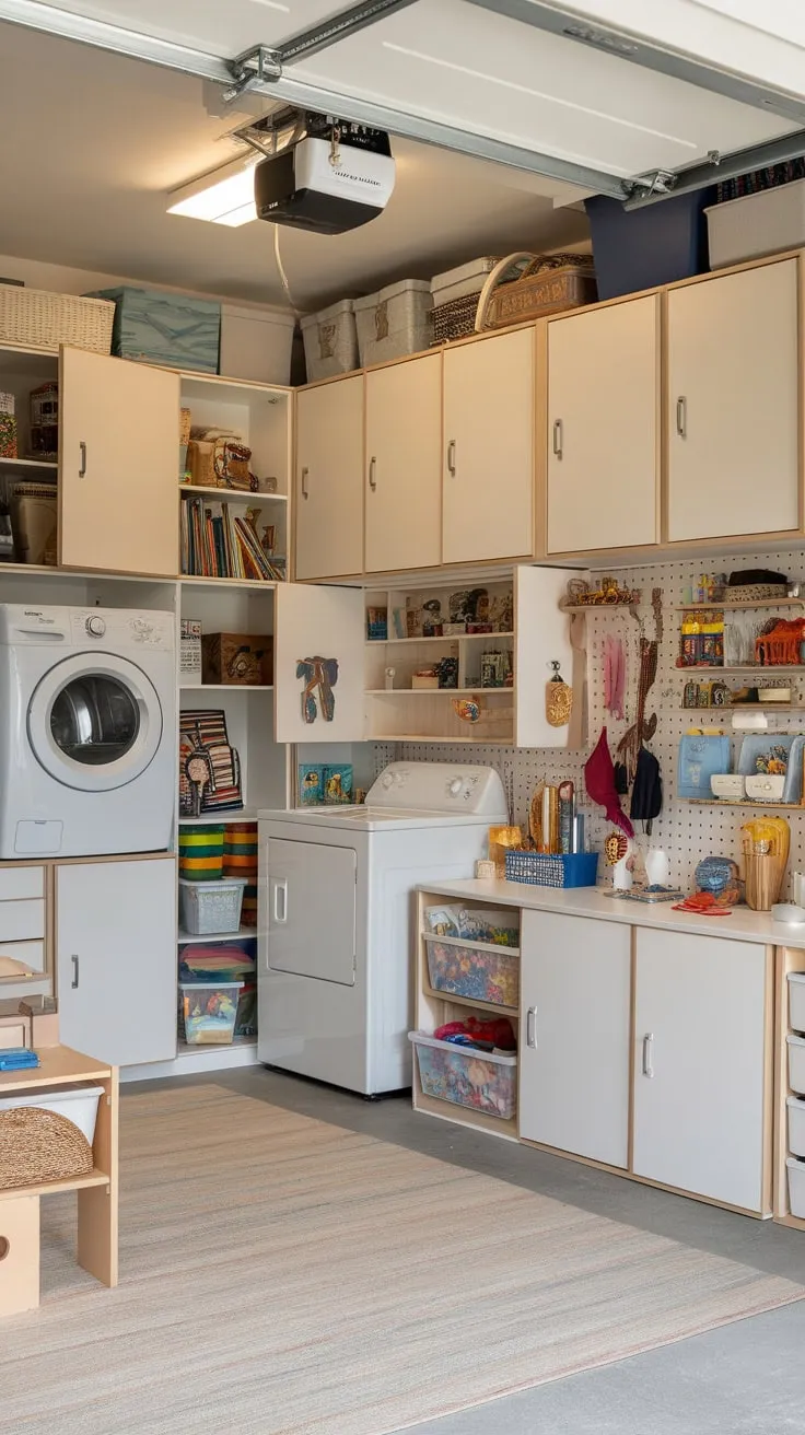 Clever garage conversion boasts ample closed and open storage via sliding door cabinets and shelving, creating a functional playroom.