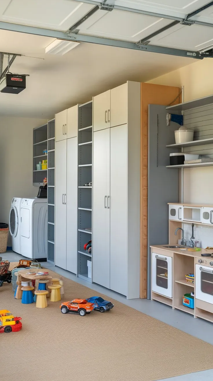 Organized white garage cabinets and a gray storage unit maximize space amidst a playful atmosphere of toys and laundry appliances
