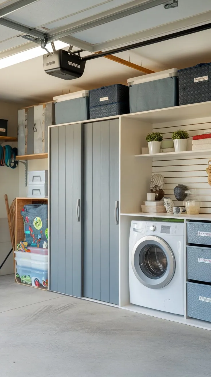 Maximize your garage space with custom cabinets, versatile storage solutions, and even a dedicated laundry and play area.