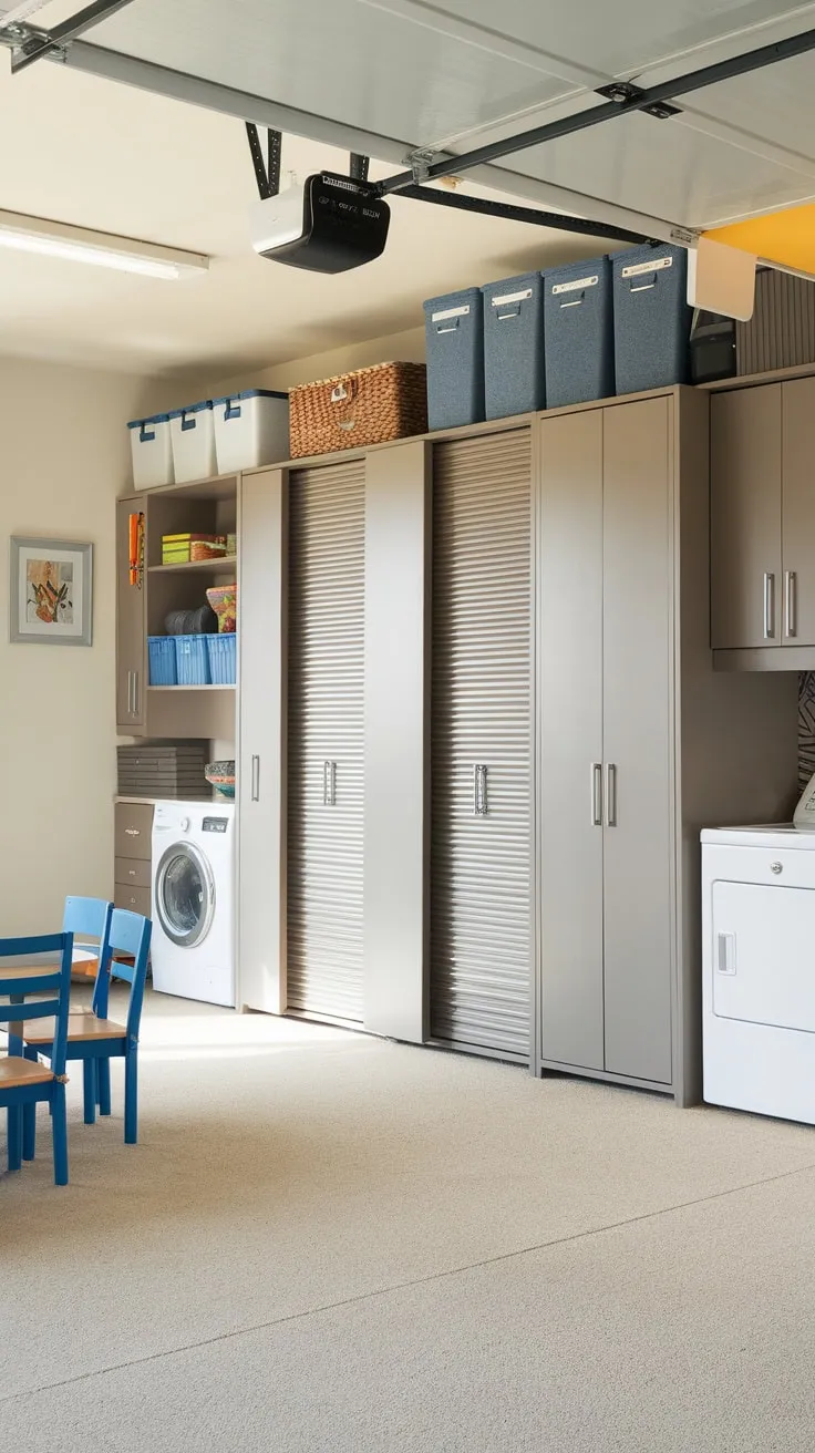 Neatly organized garage cabinets and ample storage maximize space, creating a clean and inviting environment even with a washer, dryer, and playroom.