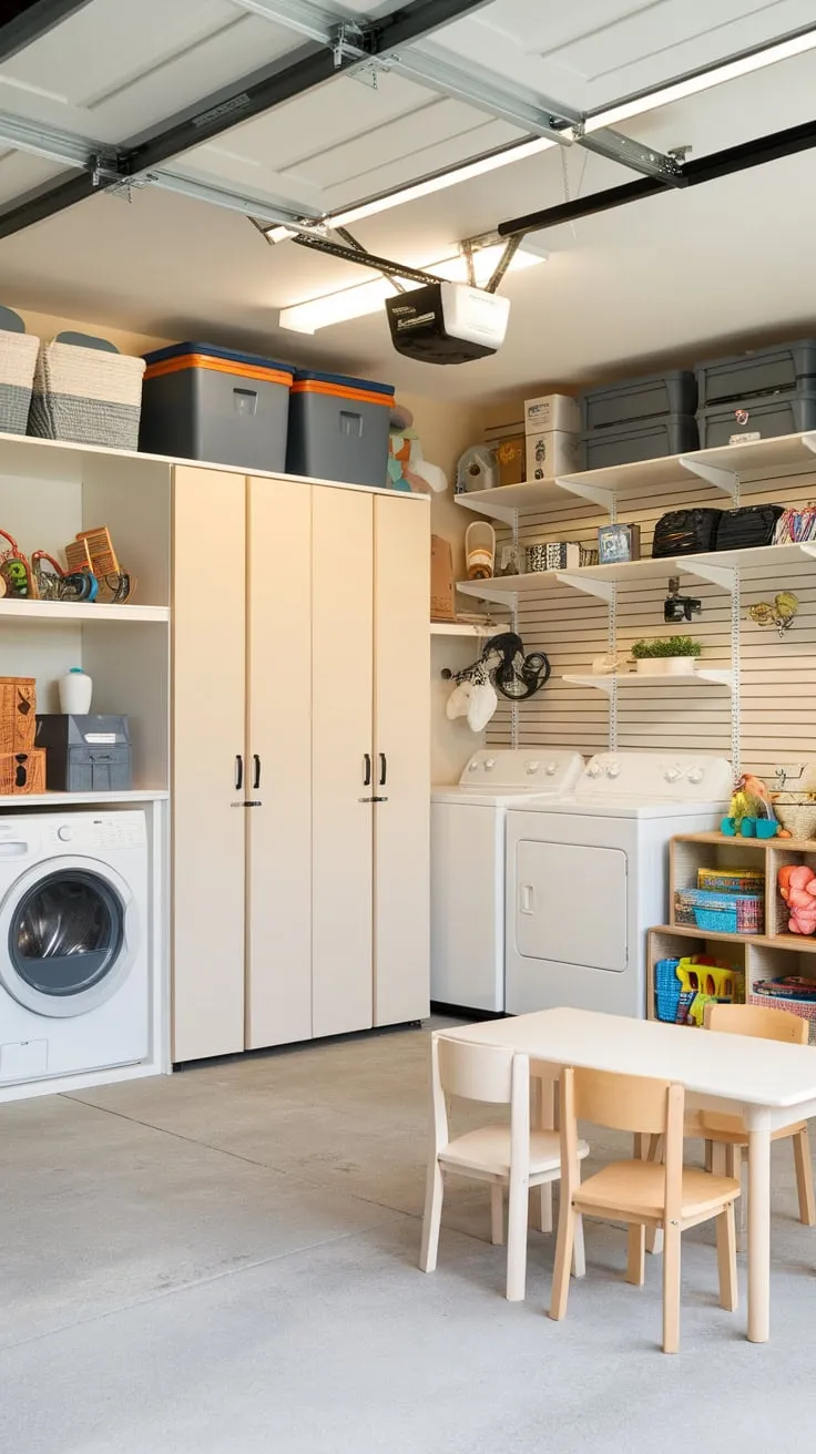 Organized garage cabinets and abundant storage solutions create a spacious and playful atmosphere in a renovated garage.