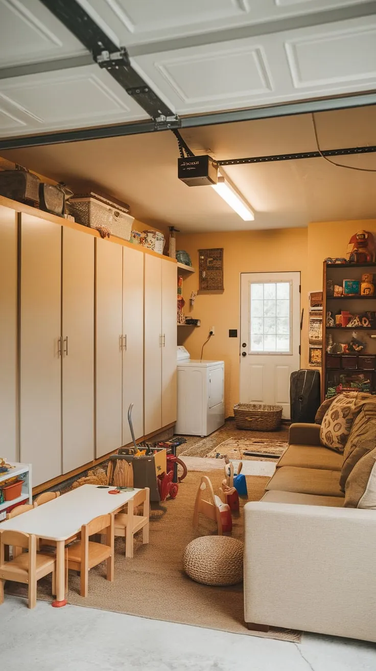 Clever garage cabinets create ample storage, transforming a cluttered space into a warm and inviting playroom.