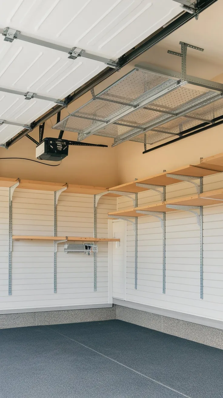 Reclaim your garage floor and overhead space using a multi-shelf retractable ceiling storage system complemented by wall storage and a protective floor mat.