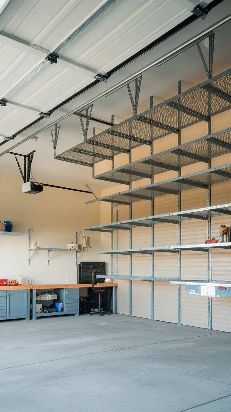 Reclaim your garage space with a retractable metal shelving system that effortlessly raises and lowers for high-ceiling storage