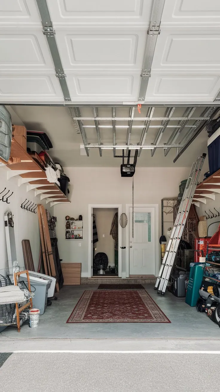 High ceilings and clutter?  A retractable ceiling storage system provides easy access to overhead storage, transforming a chaotic garage into an organized space.
